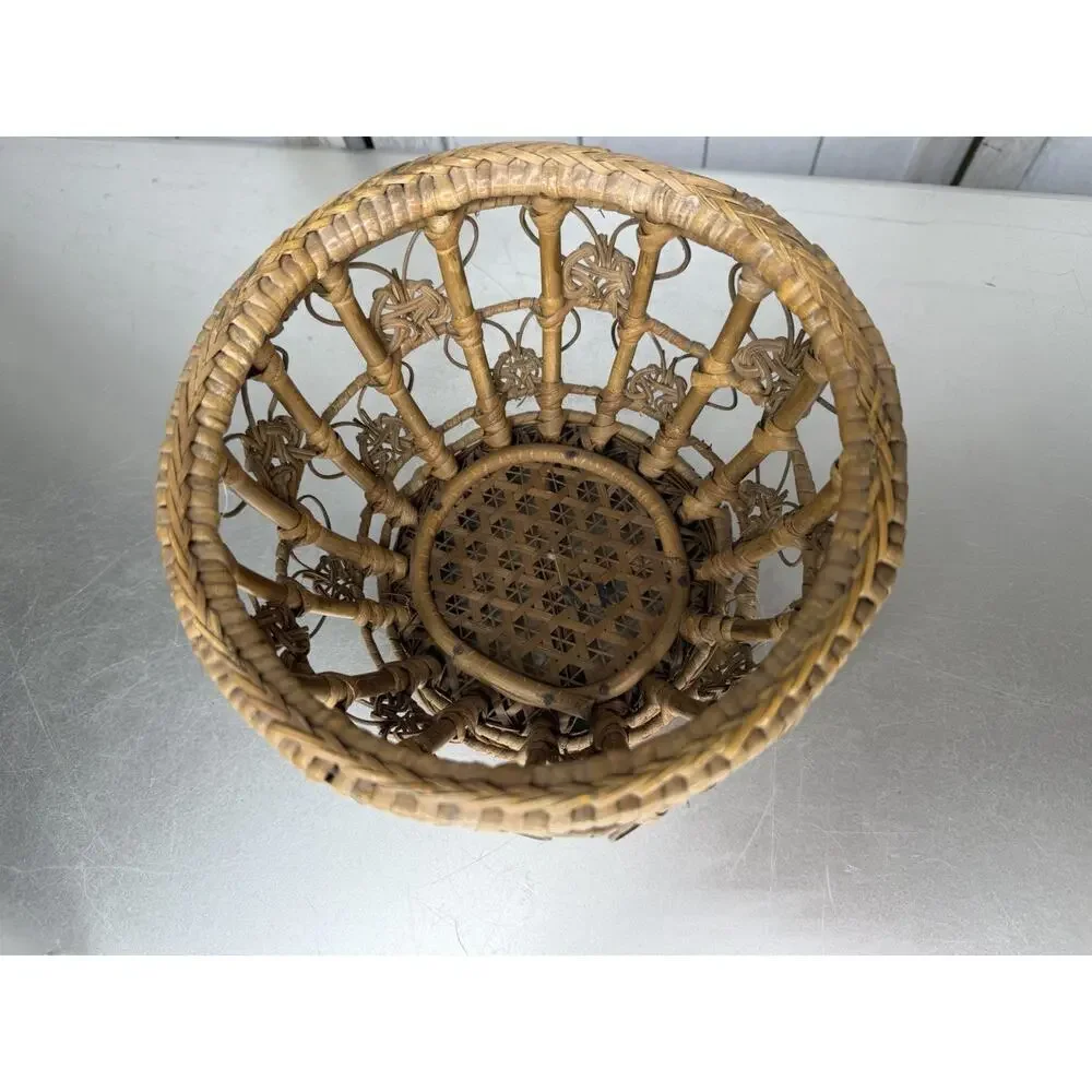 Vintage Basket Wicker Rattan Woven Floral Intricate Primitive Small